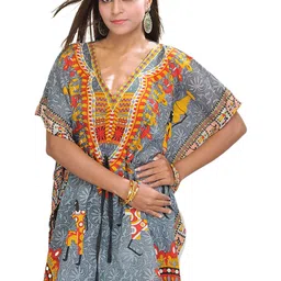 Exotic India Women Abstract Print Kaftan Dress with Dori at Waist-image-51