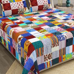 The Craft Monk Multicoloured King Bedsheet with 2 Pillow Covers-image-17