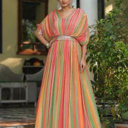 SCAKHI Green Chinon Silk Candy Stripes Party Gown with Belt and Attached Cape-image-16