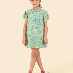 Fabindia Girls Teal Cotton Hand Block Printed Dress-image-99