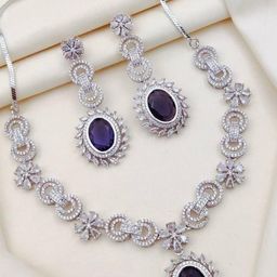 TIYARA Navy Blue Silver-Plated Artificial Stone Necklace & Earring Set-image-32
