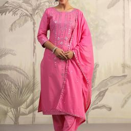 SCAKHI Geometric Embroidered Mirror Work Cotton Cambric Kurta With Trousers & Dupatta-picture-7