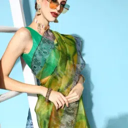 Blissta Lime Green Printed Saree With Unstitched Blouse image 4