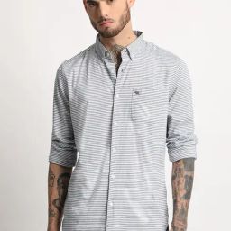 The Bear House Grey Cotton Slim Fit Striped Shirt-image-2