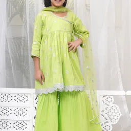 Little Bansi Girls Ethnic Motifs Embroidered Angrakha Thread Work Pure Cotton Kurta with Sharara & With-picture-39