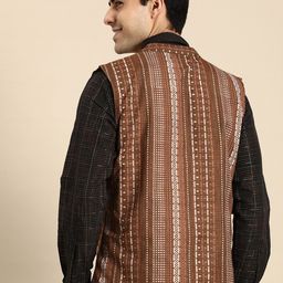 Anouk Men Brown & White Striped Nehru Jacket image 5