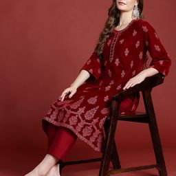 Anouk Ethnic Print Velvet-Finish Regular Kurti with Trouser image 1