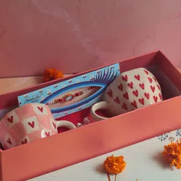 WEAVING HOMES Heart & Chequered Cream 2 Pieces Printed Ceramic Mug 220ml With Rakhi-picture-57
