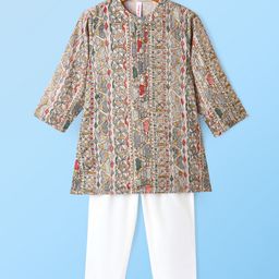 Babyhug 100% Cotton Woven Full Sleeves Kurta & Pyjama Set Ikat Print - Brown & White-image-69