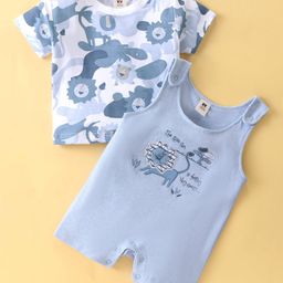 ToffyHouse Cotton Knit Dungaree With Half Sleeves T-Shirt Lion Embroidery & Print - Ice Blue-image-86