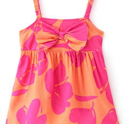 Babyhug Rayon Woven Sleeveless Floral Printed Singlet Top with Bow Applique - Mustard Yellow & Pink-image-4