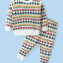 Babyhug Knitted Full Sleeves Pullover Sweater & Pant Set with Floral Design - Multicolor-image-96