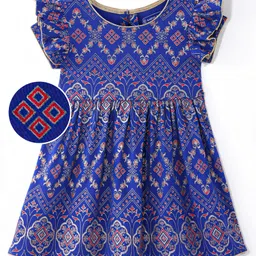 Earthy Touch Single Jersey Knit Frill Sleeves Foil Printed Ethnic Dress - Royal Blue-picture-18