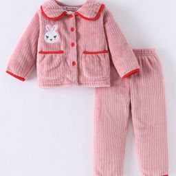 Kookie Kids Full Sleeves Peter Pan Collared Front Open Winter Wear Night Suit With Bunny Patch- Pink-image-10
