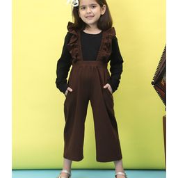 BaawRi Cotton Frill Detailed Dungaree With Solid Top Set - Brown & Black-image-64