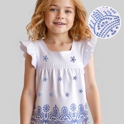 Babyhug Cotton Woven Frill Sleeves Top with Floral Embroidery - White-image-83
