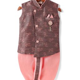 Dapper Dudes Sleeveless Floral Motifs Printed Kurta Dhoti Set - Brown-picture-19