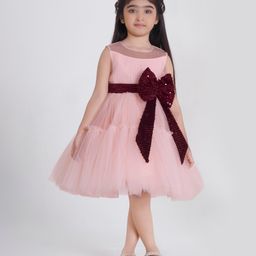 Ministitch Net Sleeveless Sequins Embellished Bow Applique Detailed Tiered Dress - Peach-picture-6