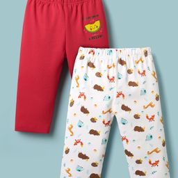 Ben Benny 100% Cotton Knit Full Length Leggings with Animal Print Pack of 2 - White & Red-image-47