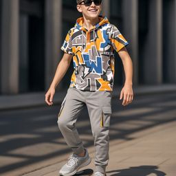 Ollington St. Cotton Half Sleeves Printed T-Shirt with Hood & Knit Jogger Set - Multicolor & Grey-image-69