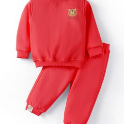 Little Kangaroos Cotton Knit Full Sleeves Winter Wear T-Shirt & Lounge Pant Set With Animal Print - Red-image-57