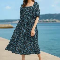 Moda Rapido Women Floral Printed Square Neck A-Line Midi Dress-picture-29