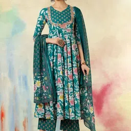 URMIR FASHION Women Floral Printed Tiered Mirror Work Kurta with Trousers & With Dupatta-picture-23