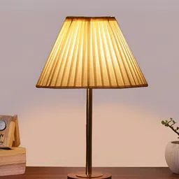 Aura Off White & Copper Toned Textured Traditional Frustum Cotton Shade Wooden Table Lamp-picture-6