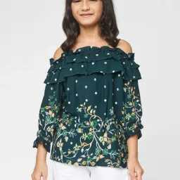 Global Desi Girl Kids Dark Green Floral Print Top-image-9
