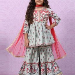 Biba Kids Smokey Blue & Pink Cotton Printed Kurta Set-image-14