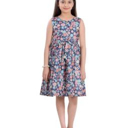 poplins Kids Blue & Pink Cotton Floral Print Frock Dress-picture-6