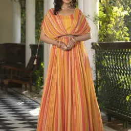 SCAKHI Yellow Chinon Silk Candy Stripes Party Gown with Belt and Attached Cape-picture-12