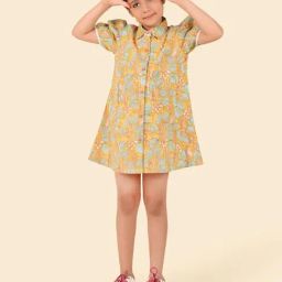 Fabindia Girls Yellow Cotton Hand Block Printed Dress-picture-20