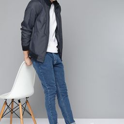 Mast & Harbour Men Navy Blue Solid Mandarin Collar Bomber Jacket-40