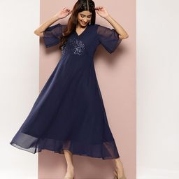 Qurvii Flared Sleeves Sequinned Georgette A-Line Midi Dress image 1