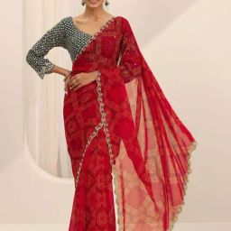 Libas Red Printed Saree with Unstitched Blouse-picture-11