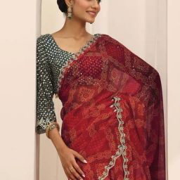 Libas Red Printed Saree with Unstitched Blouse image 4