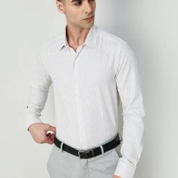 Code By Lifestyle White Cotton Regular Fit Striped Shirt-image-27
