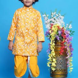Little Bansi Boys Yellow Embroidered Full Sleeves Sherwani with Dhoti-picture-10