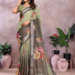 JYA Floral Women Printed Linen Shimmer Saree With Blouse Piece-image-28