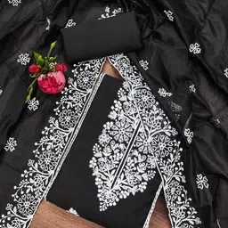 BlissFlair Floral Embroidered Chanderi Cotton Unstitched Dress Material-34