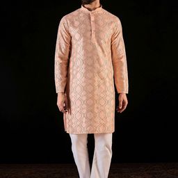 Anouk Pink Geometric Embroidered Mandarin Collar Sequinned Pure Silk Straight kurta-29