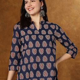 HERE&NOW Women Ethnic Motifs Printed Mandarin Collar Cotton Top-picture-25