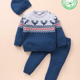 Babyhug 100% Organic Cotton Full Sleeves Baby Sweater Set With Cap Deer Design- Blue-image-55
