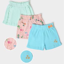 Mi Arcus 100% Cotton Pack Of 3 Fishes Printed Bow Applique Shorts - Green Peach-image-61