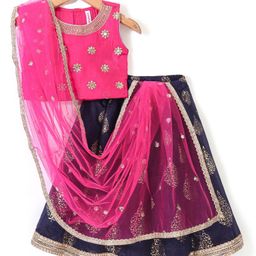 Babyhug Sleeveless Embroidered Choli With Foil Printed Lehenga And Dupatta Set - Navy & Fuschia-image-27