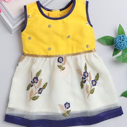 Many frocks & Sleeveless Colour Blocked Sequin & Gota Lace  Embellished  With Floral Embroidered   Ethnic Dress - Yellow & Cream-picture-1