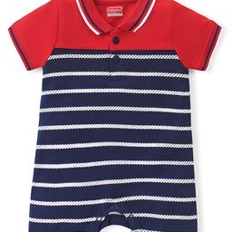 Babyhug 100% Cotton Knit Interlock Half Sleeves Romper With Striped Print - Red & Blue-image-86