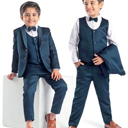 Babyhug Full Sleeves Solid Color 5 Pieces Party Suit With Waistcoat & Bow -Teal Blue-image-90