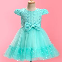 Mark & Mia Cap Sleeves Knee Length Partywear Frock with Embroidery & Bow  - Green-36